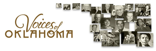 Voices of Oklahoma logos and a collage of people who have been interviewed with the Voices project.