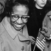 A banner featuring Clara Luper and other Civil Rights activists preparing for Sit Ins. It reads "CELEBRATING Black History Month