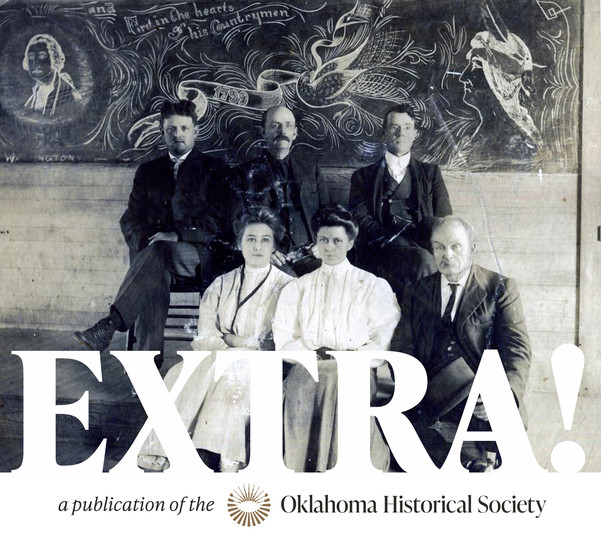 Townspeople of Mead Oklahoma, seated at the one room schoolhouse with a chalkboard hand-drawn composition of George Washington on the chalkboard