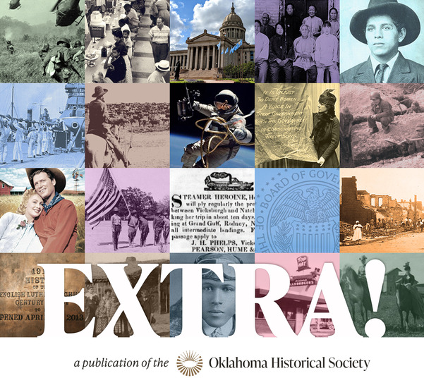 A collage of 2o different OHS E-Exhibit themes including Civil Rights Movement, Vietnam, Space, Sonic, Land Run, and Women's Suffrage
