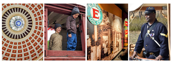 The Oklahoma Capitol dome inside, two boys on a Keelboat, a living historian in a Union uniform, and a Eason Oil exhibit in Enid