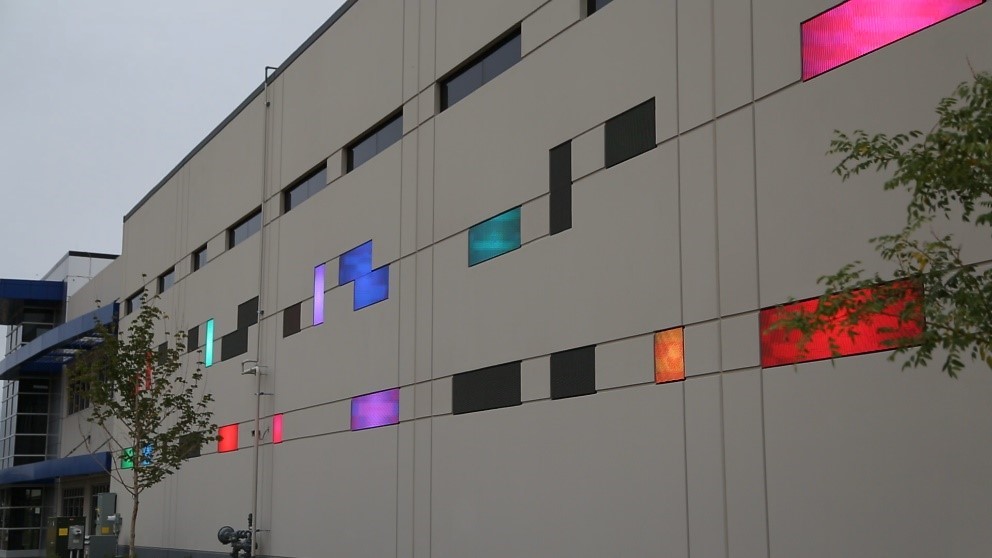 A colorful light display on the Panasonic Enterprise Solutions building -- 092617 A colorful light display on the Panasonic Enterprise Solutions building shines of the 2017 event site.